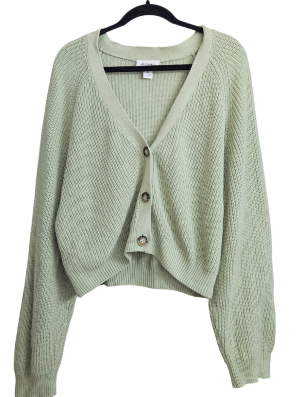 Monki Green Cotton & Acrylic V Neck Cropped Chunky Knit Cardigan Sweater XL